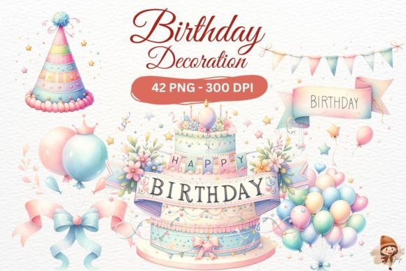 Birthday Decoration Watercolor Clipart for Crafts & Digital Sellers