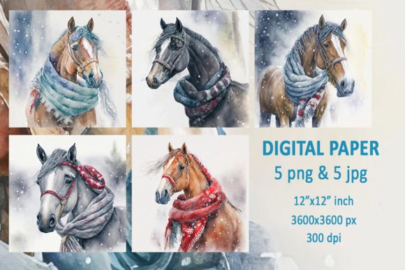 Christmas Winter Horse Digital Paper for Festive Branding & Seasonal Packaging