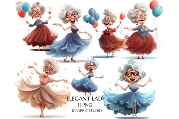 Dancing Women, Cheerful Old Ladies Graphic Templates for Creative Sellers