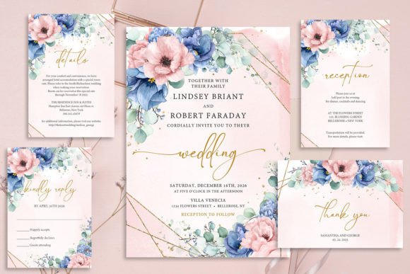 Dusty Blue Blush and Gold Wedding Invite Print Templates for Crafters & Etsy Sellers
