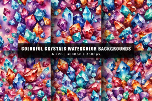 Ethereal Charm with Colorful Crystals Watercolor Backgrounds