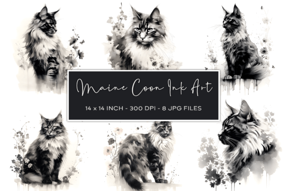 Maine Coon Floral Ink Painting Backgrounds for Modern Branding
