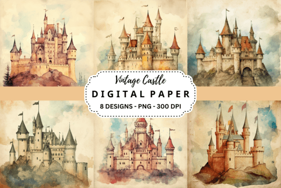 Vintage Castle Watercolor Digital Paper for Backgrounds with Timeless Charm