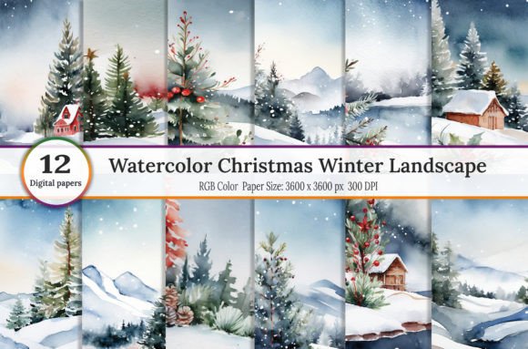 Watercolor Christmas Winter Landscape Backgrounds for Digital Sellers