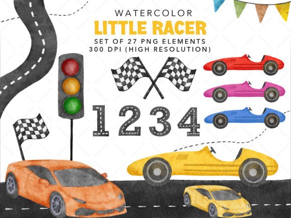 Watercolor Little Racer Cliparts: Decorative Elements for Playful Branding
