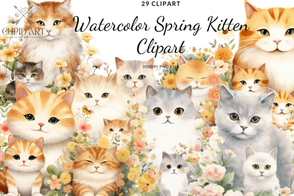 Watercolor Spring Kitten Clipart for Crafts & Local Branding