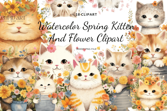 Watercolor Spring Kitten Flower Clipart