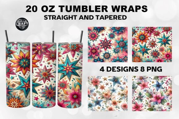 Watercolor Star Flowers Tumbler Wrap PNG for Handmade Business Crafting