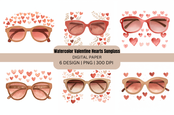 Watercolor Valentine Hearts Sunglass for Backgrounds & Digital Products