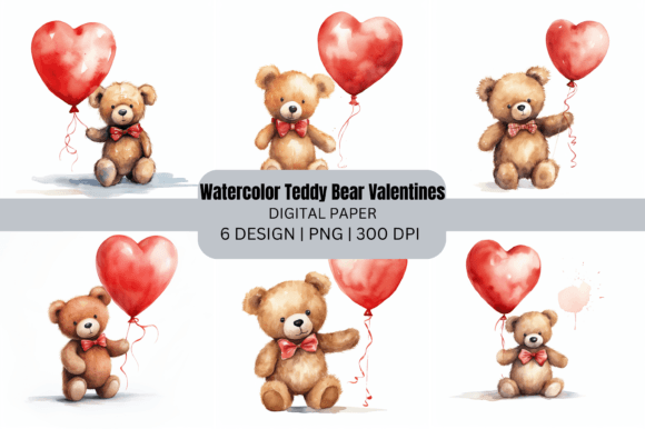 Watercolor Valentines Day Teddy Bear Backgrounds for Digital Sellers