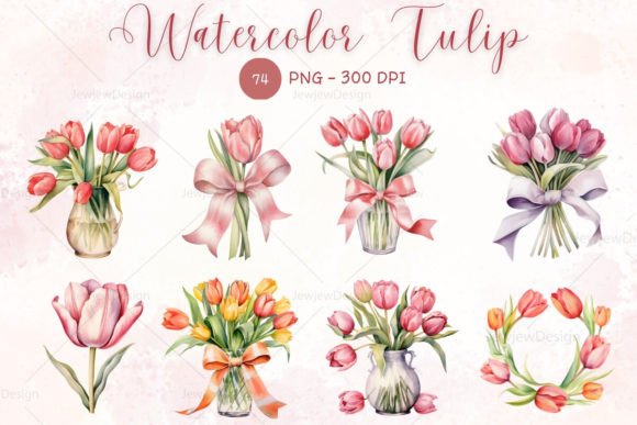 Watercolor Vintage Tulip Flower Clipart for Crafts